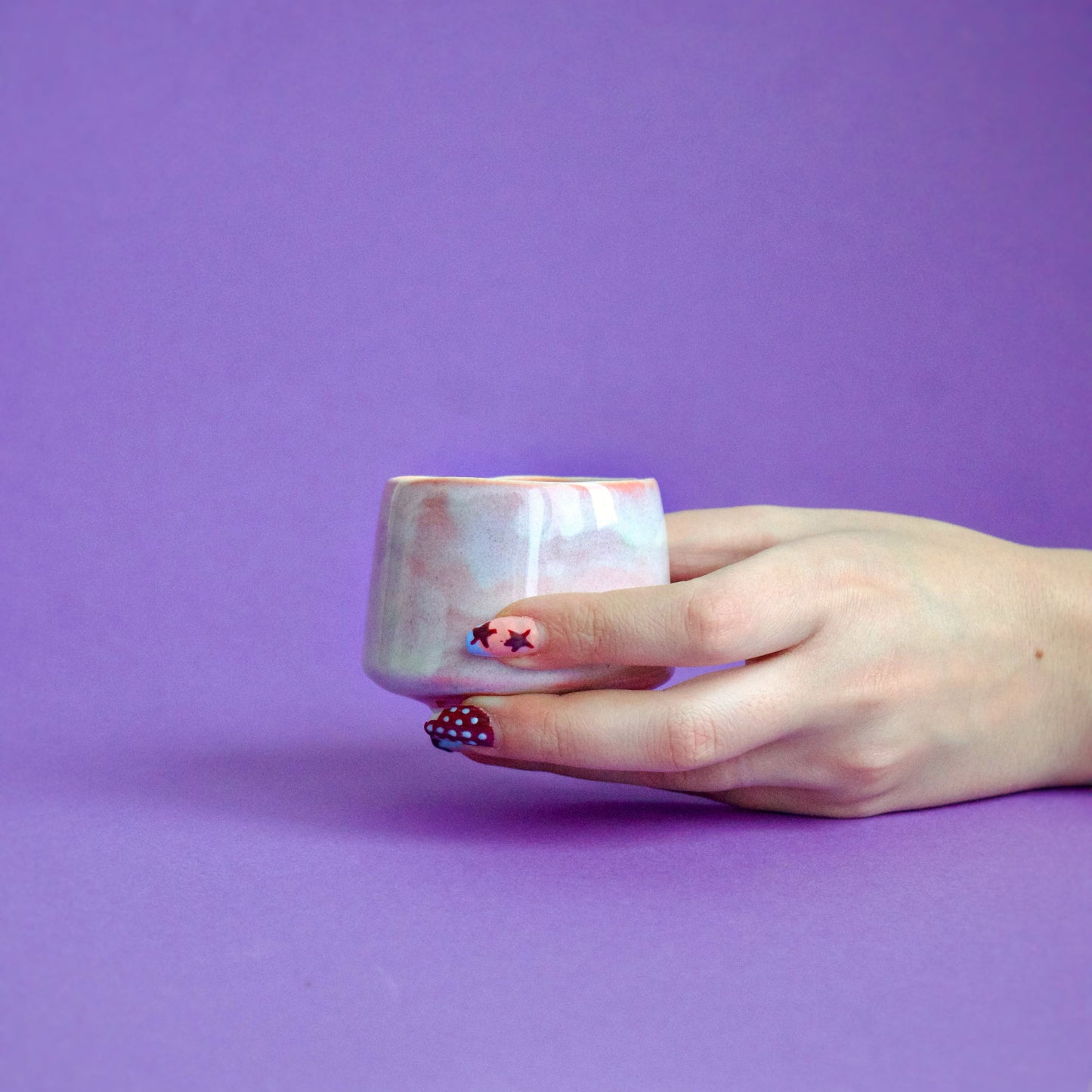 Cană espresso handmade din semiportelan, verde pastel & roz, tactila, unica.